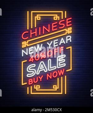 New Chinese year sales of a poster in a neon style. Vector illustration, neon sign, bright banner, luminous flyer, neon brochure on New Year's discoun Stock Vector