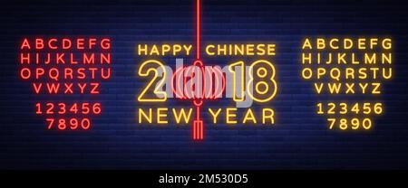 Happy Chinese New Year 2018. Sign in neon style, night flyer, advertising. Bright glowing banner Vector illustration. Editing text neon sign. Neon alp Stock Vector