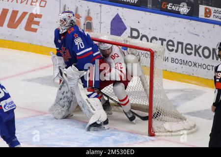 Saint Petersburg, Russia. 24th Dec, 2022. SKA Hockey Club player, Dmitry Nikolayev (No.70) and Spartak Hockey Club player, Prince Shane (No.92) seen in action during the Kontinental Hockey League, regular season KHL 2022 - 2023 between SKA Saint Petersburg and Spartak Moscow at the Ice Sports Palace.(Final score; SKA Saint Petersburg 4:2 Spartak Moscow) Credit: SOPA Images Limited/Alamy Live News Stock Photo