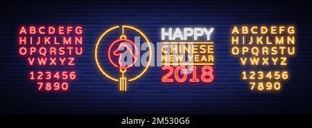 Happy Chinese New Year 2018 poster in neon style. Vector illustration. Neon sign bright greetings with new Chinese year of 2018, night neon advertisin Stock Vector