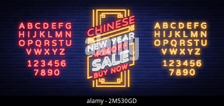 New Chinese year sales of poster in a neon style. Vector illustration, neon sign, bright banner, luminous flyer, neon brochure on New Year's discounts Stock Vector