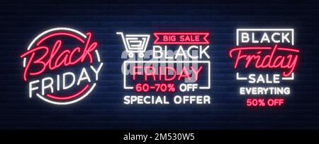 Set of neon signs, posters, brochures on the Black Friday sale. Glowing neon sign, bright glowing advertising, discounts on sales Black Friday. Vector Stock Vector