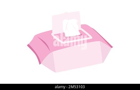 Wet baby wipes clipart. Simple cute pink baby wipes flat vector illustration. Wet wipes in plastic package cartoon style. Kids, baby shower concept Stock Vector