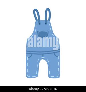 Baby denim overalls clipart. Simple cute baby toddler blue jean overall flat vector illustration. Baby denim jumpsuit or dungaree cartoon hand drawn d Stock Vector