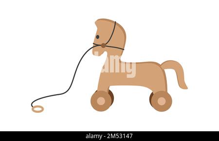 Baby wooden horse toys with wheels clipart. Cute wood horse toy for kids flat vector illustration isolated on white. Wooden wheel horse cartoon style Stock Vector