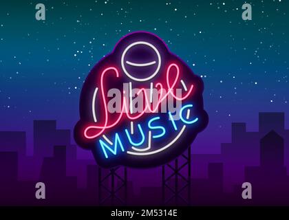 Live musical neon sign, logo, emblem, symbol poster with microphone. illustration. Neon bright sign, Nightlife club advertising, karaoke and other ins Stock Vector