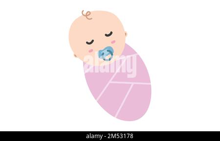 Sleeping baby swaddle clipart. Simple cute sleep baby swaddled in pink blanket flat vector illustration. Infant baby swaddling cartoon style Stock Vector