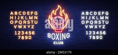 Boxing club logo in neon style, vector illustration. Emblem, neon sign, symbol for a sports facility on the topic of boxing. Neon banner, bright night Stock Vector