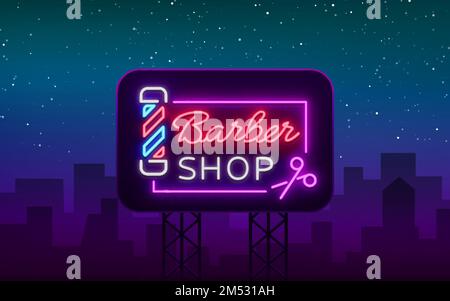 Barber shop logo neon sign, logo design elements. Can be used as a header or template for logos, labels, cards. Neon Signboard, Bright Lighting Advert Stock Vector