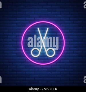 Scissors neon sign icon. Design element for logo, emblems for hairdresser and barbershop. Vector illustration. Stock Vector
