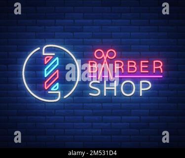 Vector logo neon sign barber shop for your design. For a label, a sign, a sign or an advertisement. Hipster Man, Hairdresser Logo. Neon billboard, bri Stock Vector