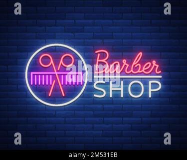 Vector logo neon sign barber shop for your design. For a label, a sign, a sign or an advertisement. Hipster Man, Hairdresser Logo. Neon billboard, bri Stock Vector