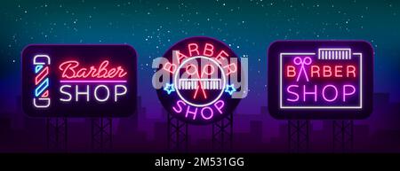 Vector collection logos neon sign barber shop for your design. For a label, a sign, a sign or an advertisement. Hipster Man, Hairdresser Logo. Neon bi Stock Vector