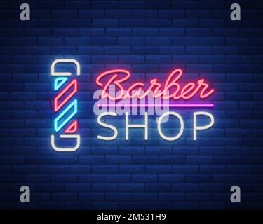 Vector logo neon sign barber shop for your design. For a label, a sign, a sign or an advertisement. Hipster Man, Hairdresser Logo. Neon billboard, bri Stock Vector