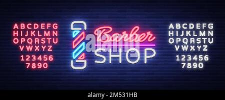 Vector logo neon sign barber shop for your design. For a label, a sign, a sign or an advertisement. Hipster Man, Hairdresser Logo. Billboard, luminous Stock Vector