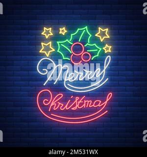 Merry Christmas, welcome card, done in neon style isolated. Neon sign on the Christmas theme. Bright banner, luminous advertising, bright festive nigh Stock Vector