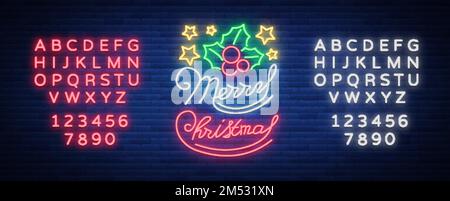 Merry Christmas, welcome card, done in neon style isolated. Neon sign on the Christmas theme. Bright banner, bright festive night sign. Vector illustr Stock Vector