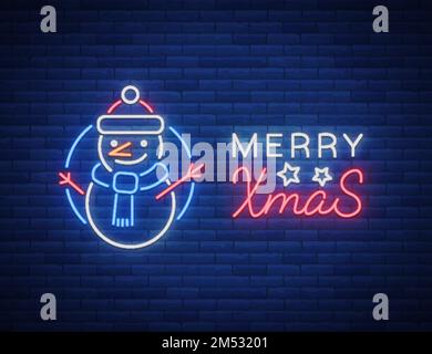 Merry Christmas, welcome card, done in neon style isolated. Neon sign on the Christmas theme. Bright banner, luminous advertising, bright festive nigh Stock Vector