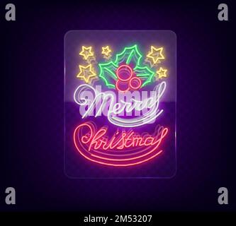 Merry Christmas, welcome card, done in neon style isolated. Neon sign on the Christmas theme. Bright banner, bright festive night sign. Vector illustr Stock Vector