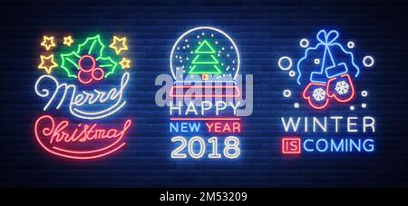 Merry Christmas and Happy New Year 2018 collection of neon signs. Set neon characters for your Christmas projects, greeting cards, flyers, banners. Br Stock Vector