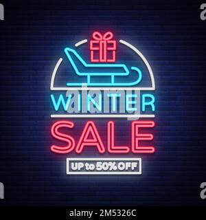 Winter sales banner in neon style. Vector illustration on Winter, New Year and Christmas discounts and sales. Neon sign, bright sign, nightlit adverti Stock Vector