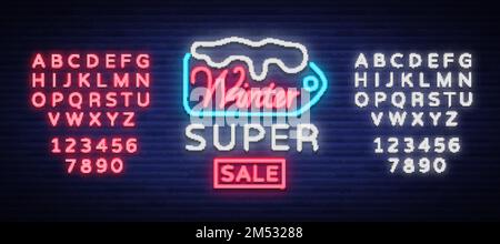 Winter sales banner in neon style. Vector illustration on Winter, New Year and Christmas discounts and sales. Neon sign, bright sign, advertising, pos Stock Vector