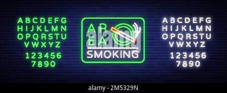 Smoking area is a vector neon sign. Neon symbol, a luminous sign is a place for smoking. Bright sign, luminous banner. Editing text neon sign. Neon al Stock Vector