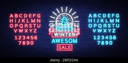 Winter sales banner in neon style. Vector illustration on Winter, New Year and Christmas discounts and sales. Neon sign, bright sign, advertising, pos Stock Vector
