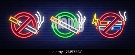 No smoke, no Vape, and a Place for smoking is a set of neon signs. Bright symbol, icon, light warning sign of smoking in an unauthorized place. Stop s Stock Vector