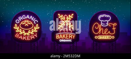 Bakery Collection of logos in neon style. Vector illustration on the topic of fresh pastries. Set of neon symbols, vivid billboard, nightly brilliant Stock Vector