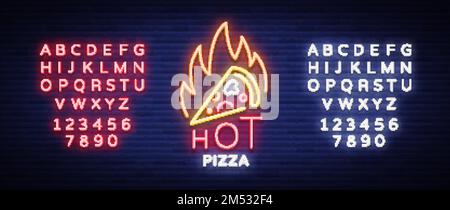 Pizza neon sign vector. Pizzeria neon logo, emblem. Neon advertising on the topic of pizza cafe, restaurant, dining room, snack bar, bar. Shining bann Stock Vector