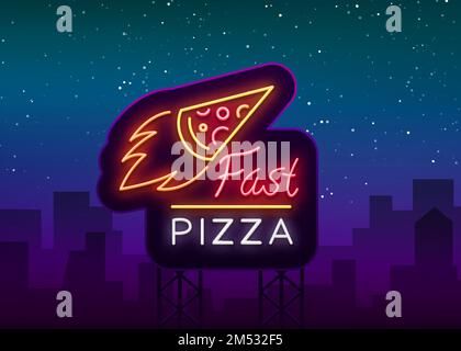 Pizza logo emblem neon sign. Logo in neon style, bright neon sign with Italian food promotion, pizzeria, snack, cafe, bar, restaurant. Pizza delivery, Stock Vector