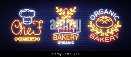 Bakery Collection of logos in neon style. Vector illustration on the topic of fresh pastries. Set of neon symbols, vivid billboard, nightly brilliant Stock Vector