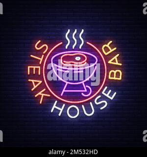 Steak House Logo Vector. Neon sign, symbol, bright advertising night barbecue, grill, roast meat, grill bar, restaurant. Bright neon banner, luminous Stock Vector