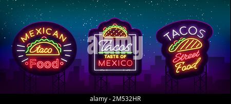 Tacos set of neon-style logos. Collection of neon signs, symbols, bright billboard, nightly advertising of Mexican food Tako. Vector illustration for Stock Vector