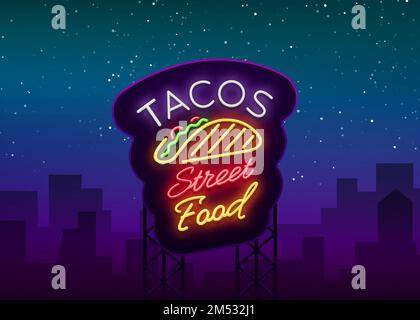 Tacos logo in neon style. Neon sign, symbol, bright billboard, nightly advertising of Mexican food Taco. Mexican street food, fast food. Vector illust Stock Vector