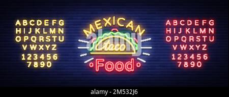 Tacos logo in neon style. Neon sign, bright billboard, nightly advertising of Mexican food Taco. Mexican street food. Vector illustration for your pro Stock Vector