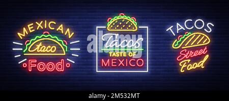 Tacos set of neon-style logos. Collection of neon signs, symbols, bright billboard, nightly advertising of Mexican food Tako. Vector illustration for Stock Vector