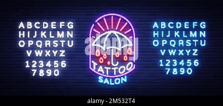 Tattoo salon logo in a neon style. Neon sign, emblem, umbrella symbol, light billboards, neon bright advertising on tattoo theme, for tattoo salon, st Stock Vector
