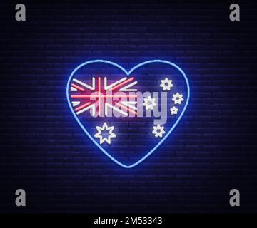 Australian flag in the form of a heart neon sign. Vector Illustrations, Neon Banner, Luminous Billboard, Bright Night Advertising. Element, a neon sym Stock Vector