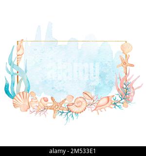 Sea Shells Frame Clipart, Watercolor Ocean Coral illustration, Sea Reef Wreath, Summer Beach, Wedding, graphic turquoise corals Stock Photo