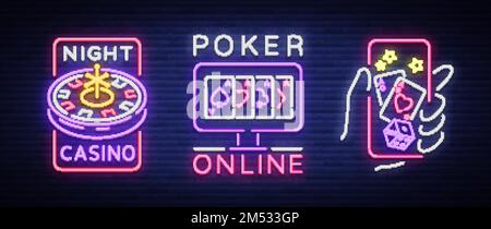 Casino is a set of neon signs. Logo collection in neon style, luminous banner, bright neon advertising online poker, gambling, casino for your project Stock Vector