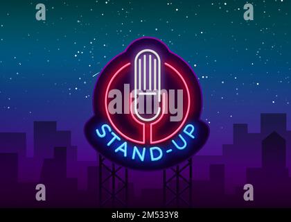 Stand Up Logo in Neon Style. Comedy show is neon sign, symbol, an invitation to a comedy performance, bright banner, neon poster, nightlit advertising Stock Vector