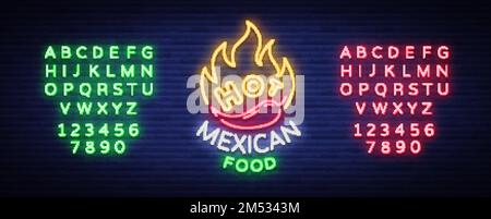 Mexican hot food logo in neon style. Neon sign, design template for Mexican restaurant, cafe, bar. Bright glowing banner, advertisement, neon billboar Stock Vector