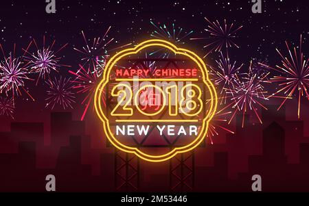 Happy new Chinese year 2018. Neon sign, bright poster, glowing banner, night neon sign, invitation, card. Dog of the zodiac of the Chinese calendar. V Stock Vector