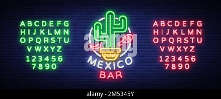 Mexican bar is a neon-style logo. Neon sign, design template on Mexican food. Bright glowing banner, nightlife advertisement, neon billboard. Vector i Stock Vector