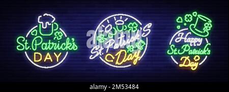 St Patricks Day is collection of neon signs. Character collection, logo with beer, neon banner, vivid design in neon style, Festive illustration for g Stock Vector