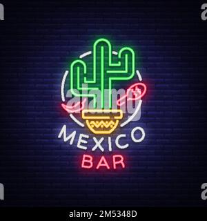 Mexican bar is a neon-style logo. Neon sign, design template on Mexican food. Bright glowing banner, nightlife advertisement, neon billboard. Vector i Stock Vector