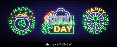 Happy St. Patrick's day set of vector illustrations in a neon style. Neon sign collection, greeting card, postcard, neon banner, bright advertisement, Stock Vector