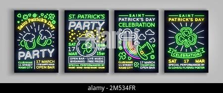 St. Patricks Day is a collection of posters. Set design template typography styles in neon, neon sign, bright flyer, banner, Invitation to a party, fe Stock Vector